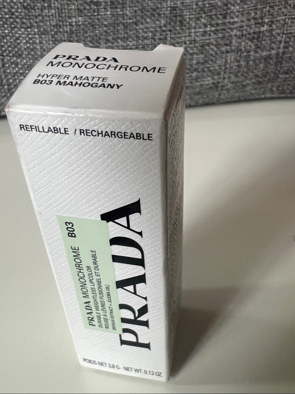 Prada Monochrome Hyper Matte Lipstick Box — White with Mint Label